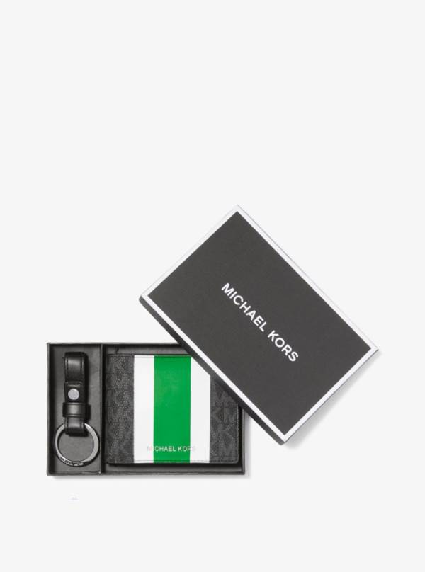 Panske Penazenky Michael Kors Logo Stripe Billfold and Keychain Gift Set Zelene - Doplnky Michael Kors Levně | KGIAP-6940